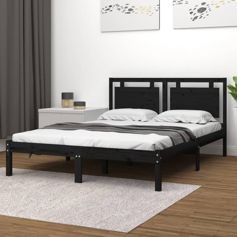17 Stories Extra Long Bed Frame Without Mattress Solid Wood, Black, Super King (6')