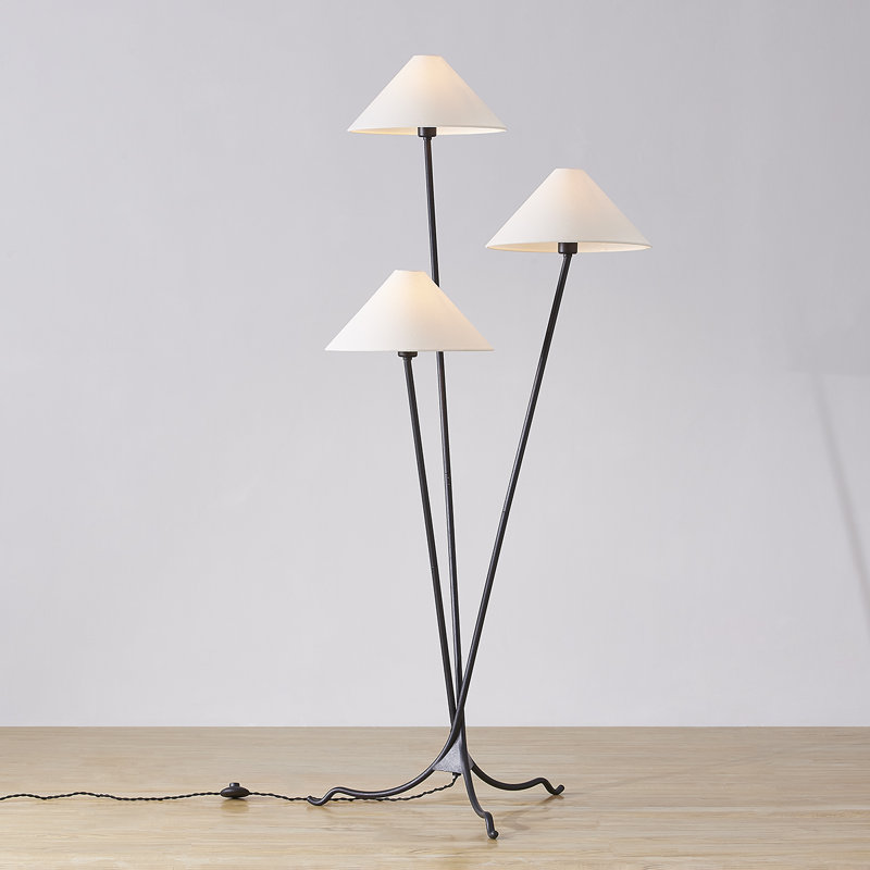 Forged Iron Tripod Floor Lamp with Off-White Linen Shades