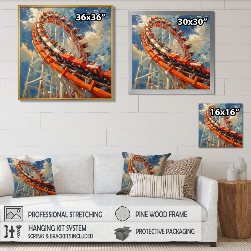 «Orange Orange Roller Coaster Rush - Amusement Parks», reproduction d'art mural, H 16 po x l 16 po, Cadre flottant noir