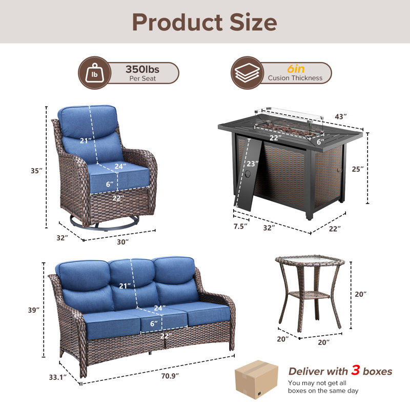 5 - Person Luxury Wicker Patio Furniture Set With Fire Pit Table & 6-Inch Extra-Thick Cushion Swivel Chairs, Side Table, Blue