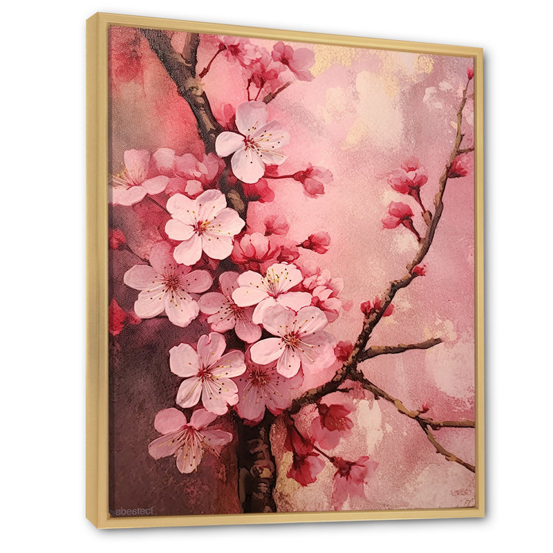 «Cherry Blossoms», collage rose foncé sur toile, Cadre naturel flottant, H 44 po x l 34 po