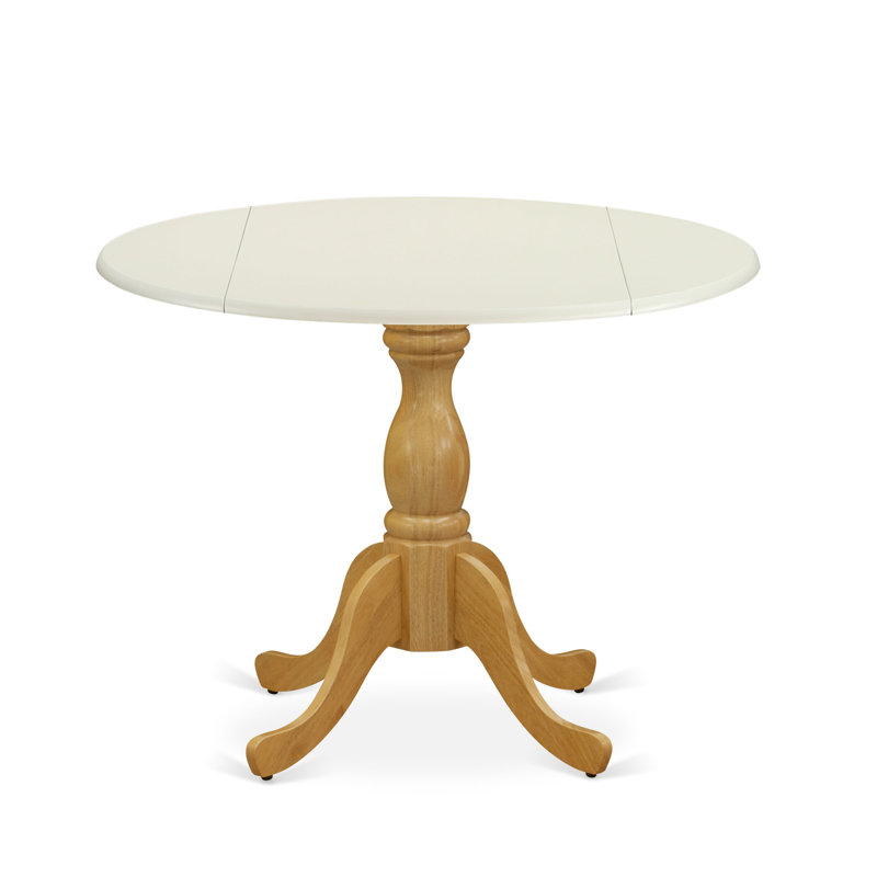 Wood Dining Table with Drop Leaves - linen white Table Top and Oak Pedestal Leg Finish, Oak, Off White