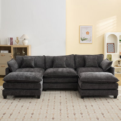 Chenille Upholstered Sectional Sofa Couch with Ottoman