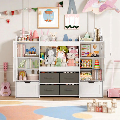 61" W Toy Storage Organizer, Kids Toy Storage With Stuffed Animal Storage, 2 Movable Toy Box, 4 Storage Bins And 2 Magnetic Board, Montessori Bookshe by Isabelle & Max