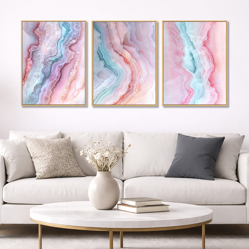 Agate Dream River I - Pink Geode, art mural encadré 3 pièces, H 32 po x l 72 po, Cadre flottant en bois naturel