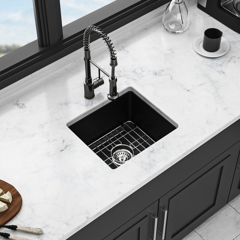 Évier de cuisine encastré noir à quartz 17,26 po x 16,08 po - Composite avancé pour un évier stable, élimine le bruit et la saleté, surfaces de nettoyage non poreuses, conception arrondie, est livré avec une grille de guidage en granit