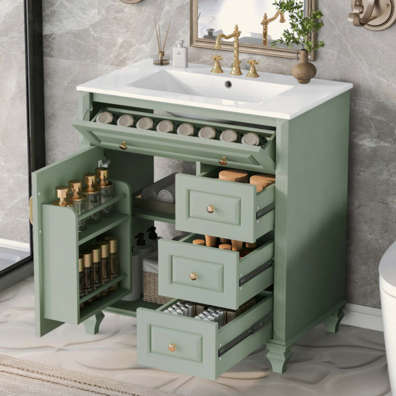 Meuble-lavabo de salle de bain avec lavabo, meuble-lavabo autoportant avec tiroir rabattable, 3 tiroirs et armoire de rangement, bois massif et panneau de fibres à densité moyenne, comptoir de lavabo en céramique