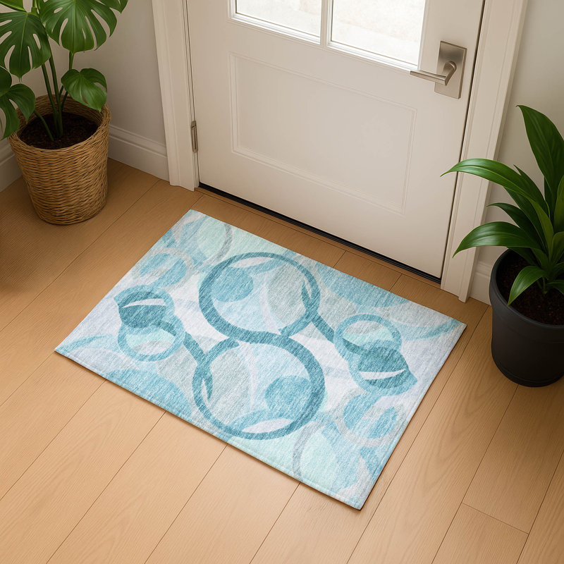 Tapis géométrique de qualité supérieure lavable à la machine Mayfield, Sarcelle, 1 pi 8 po x 2 pi 6 po