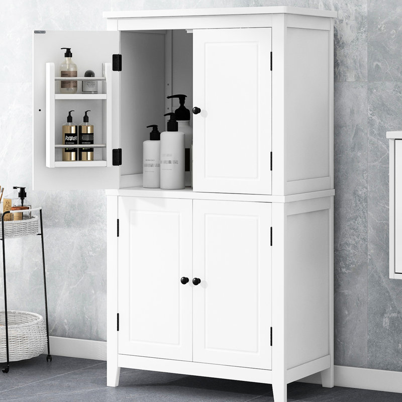 4 Door Freestanding Bathroom Storage - Adjustable Shelves, White Painted , Cabinet Doors Shelves Elegant Look, White