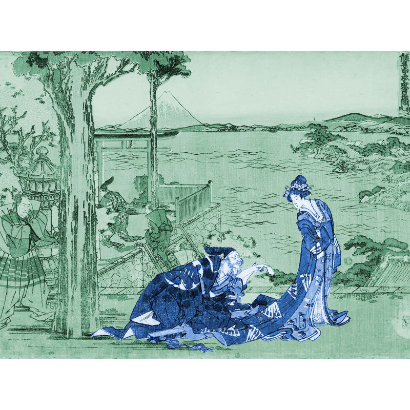 Décalcomanie murale amovible en bois courtesan japonais, H 36 po x l 48 po, Vert / Bleu