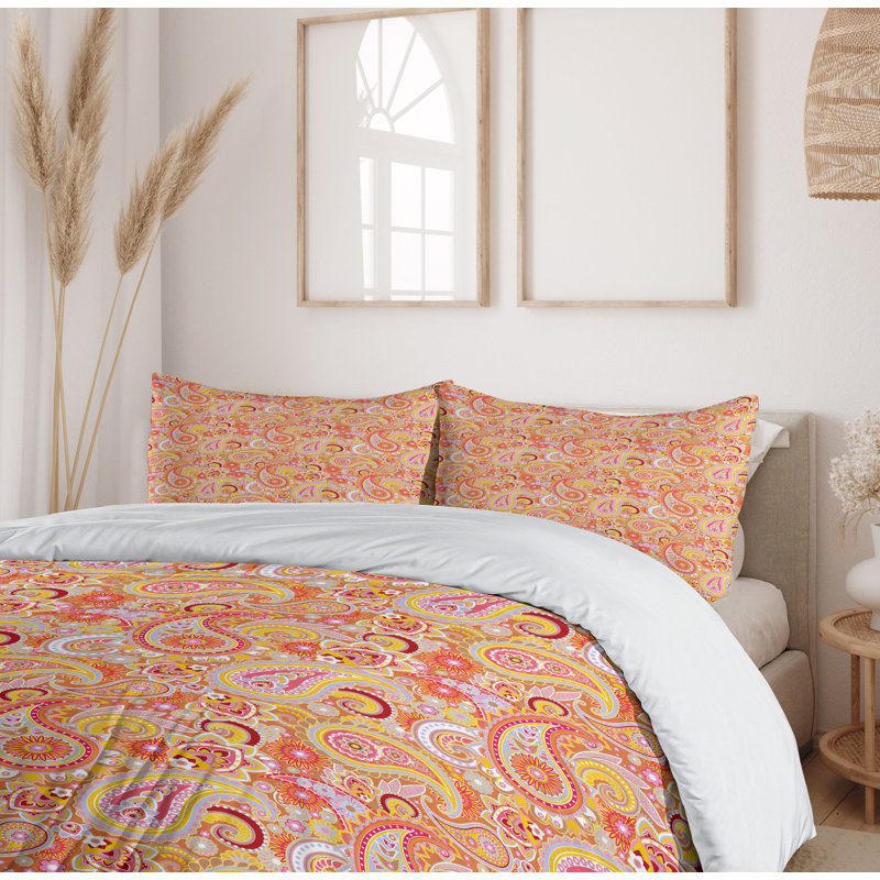 Queen Size Orange Paisley Floral Duvet Cover Set