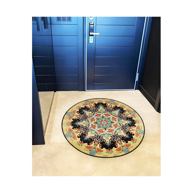 Tapis rond rond jaune détaillé à motif tissé antique lavable à la machine, Sous-tapis rond 3 pi 3 po inclus
