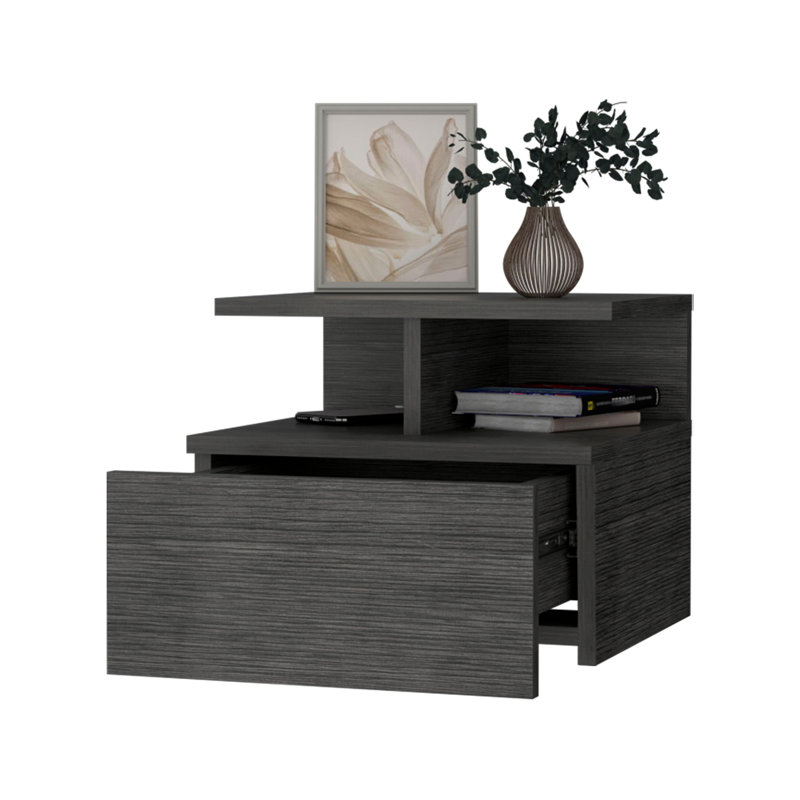 Concrete Floating Nightstand With 2 Shelf And Generous Storage For Bedroom Objects, Grey