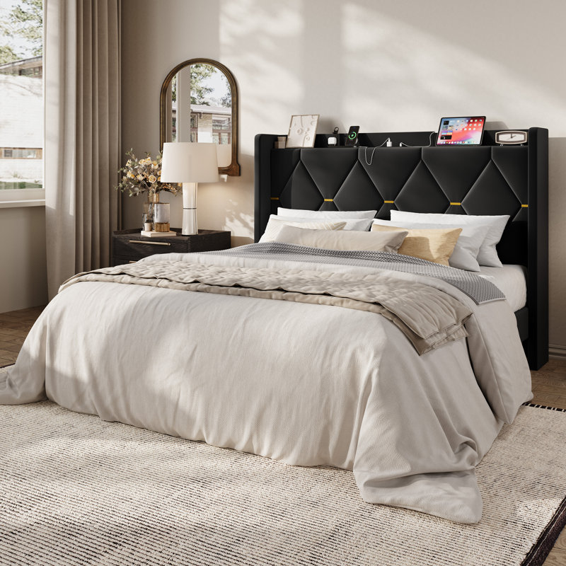 Velvet Upholstered Bed Frame with Charging Station and Storage Wingback Headboard, Double, Noir