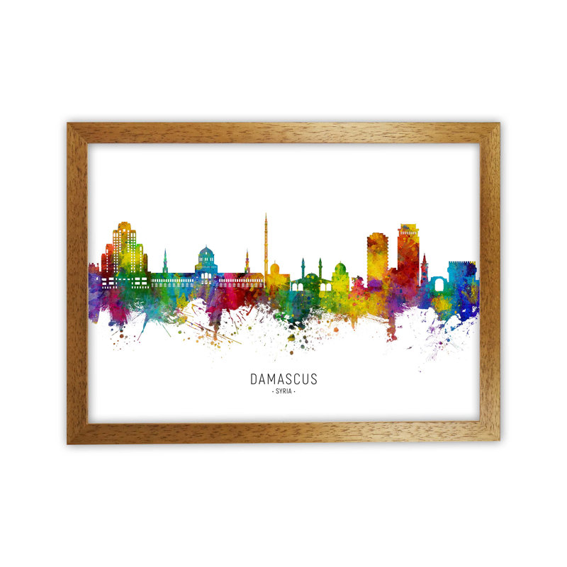 Damascus Syria Skyline by Michael Tompsett - Print, Brown Framed, 34cm H x 46cm W x 3cm D