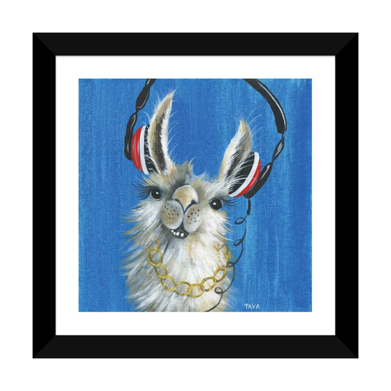 Llama Jammin '- reproduction d'art, H 16 po x l 16 po x P 1 po, Papier encadré noir, Blanc