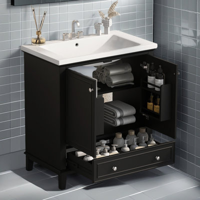 Meuble-lavabo 30 po sans lavabo, base seulement, armoire de salle de bain multifonctionnelle avec portes et tiroir, structure solide et panneau de fibres à densité moyenne