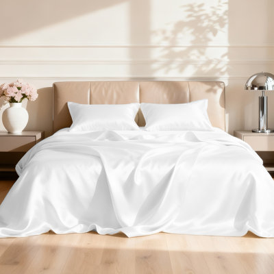 Love's cabin Satin King Sheets Set, 4 Pieces, White, 15" Deep Pocket