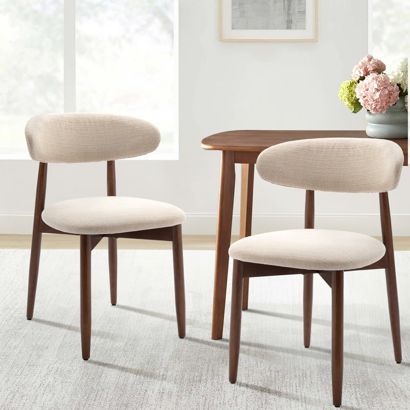  Solid Wood Upholstered Dining Chair - Ergonomic Curved Back, Comfort Fabric, Beige, Walnut