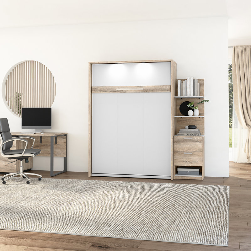 Lit escamotable avec rangement et table de chevet Osterman, Double, Brun rustique / Blanc