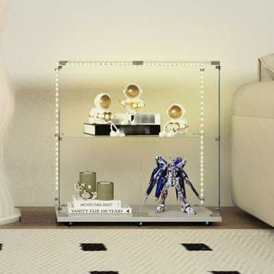 Vitrine en verre trempé avec lumières DEL à effet de feu, pivotant verrouillable, convient à différents espaces, blanc, style classique, 3 4 tablettes, capacité de 110 lb, minuterie de rangement de 30,88 po de profondeur