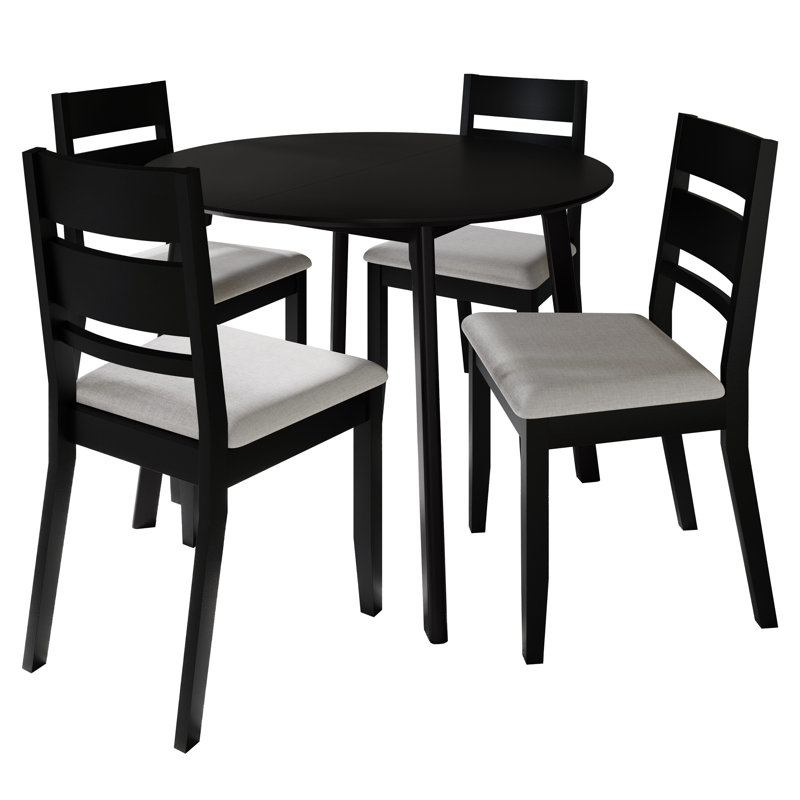 5-Piece Dining Set With Black Round Table And Black Upholstered Horizontal Splat Back Chairs, Black