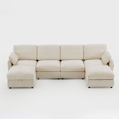 121.4'' Modular Sectional Couch Chenille Fabric Upholstery Washable Sofa with Side Pocket Cloud Couches for Livingroom 4-Seat with 2 Ottomans