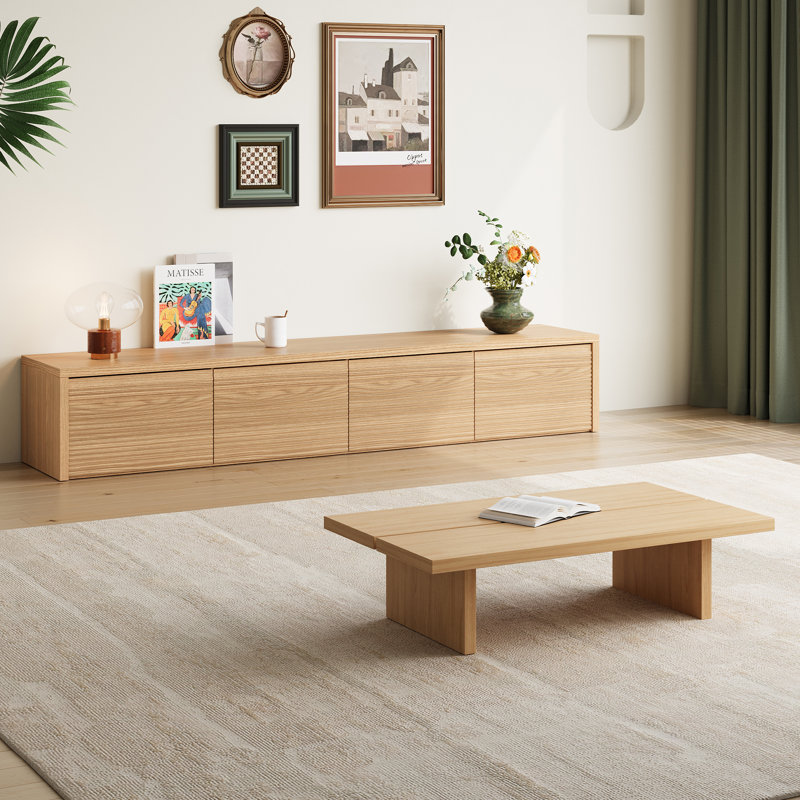 Meuble télé en bois naturel avec 4 tiroirs, centre de divertissement flottant, console de télévision basse minimaliste pour le salon, armoire de rangement dissimulée pour petits espaces