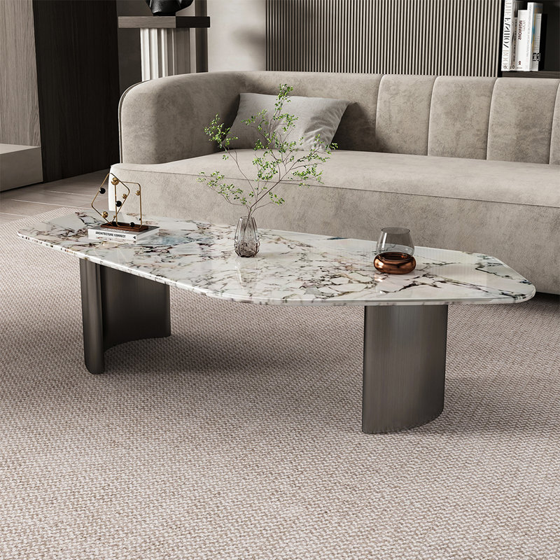 Unique-shaped minimalist marble coffee table, 15.7" H x 47.2" L x 23.6" W