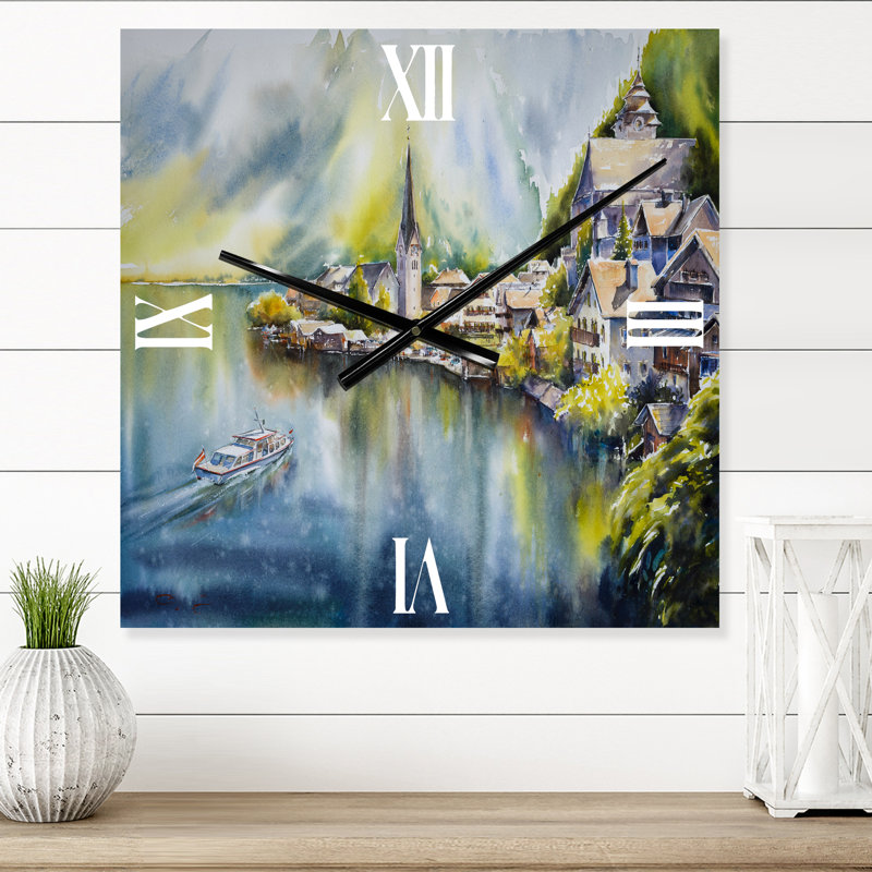 Village de montagne au bord de la rivière en Autriche - Horloge murale nautique et côtière, Très grand