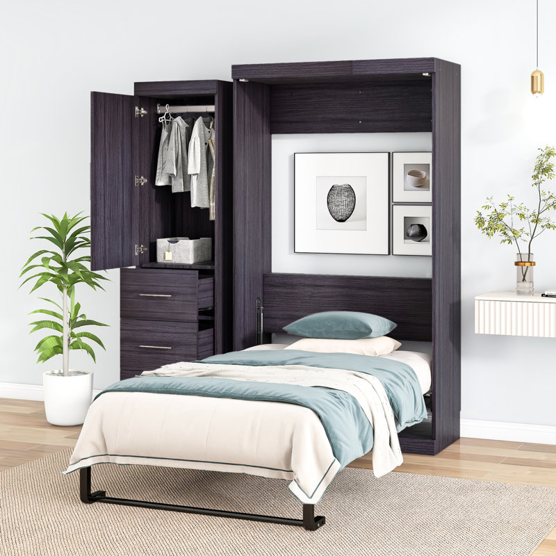 Lit pliant simple gris avec armoire de rangement, garde-robe et 3 tiroirs, Lit simple