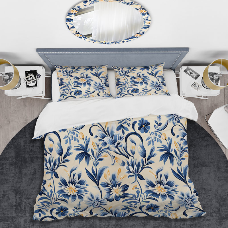 Ensemble de housse de couette damassé à motif floral damassé bleu et beige, Housse de couette pour grand lit et 2 taies décor