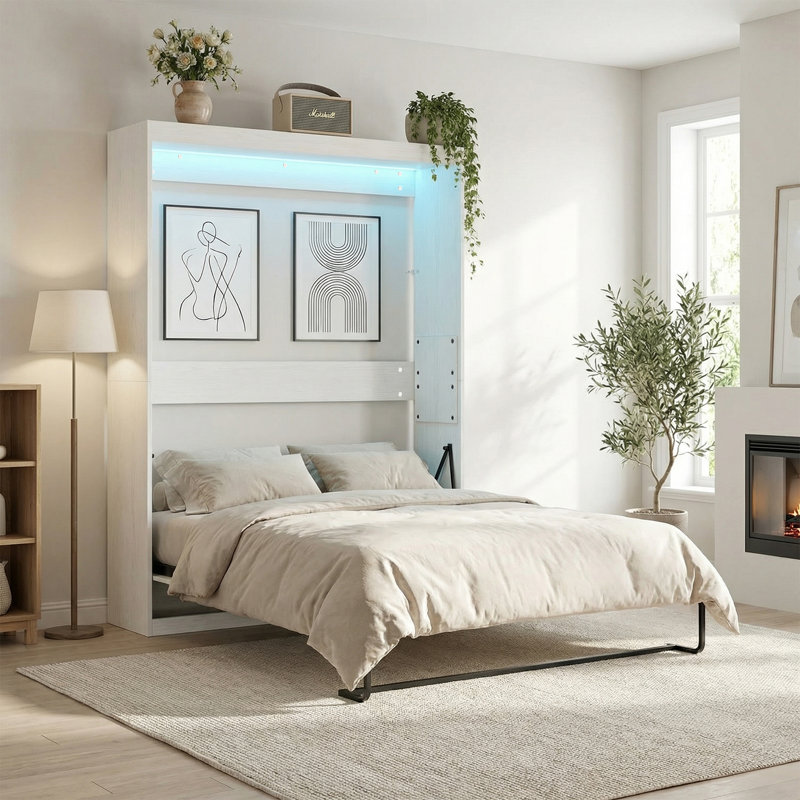 Armoire murale Farmhouse Murphy avec lumières DEL RVB, double, blanc, Lit double, Blanc