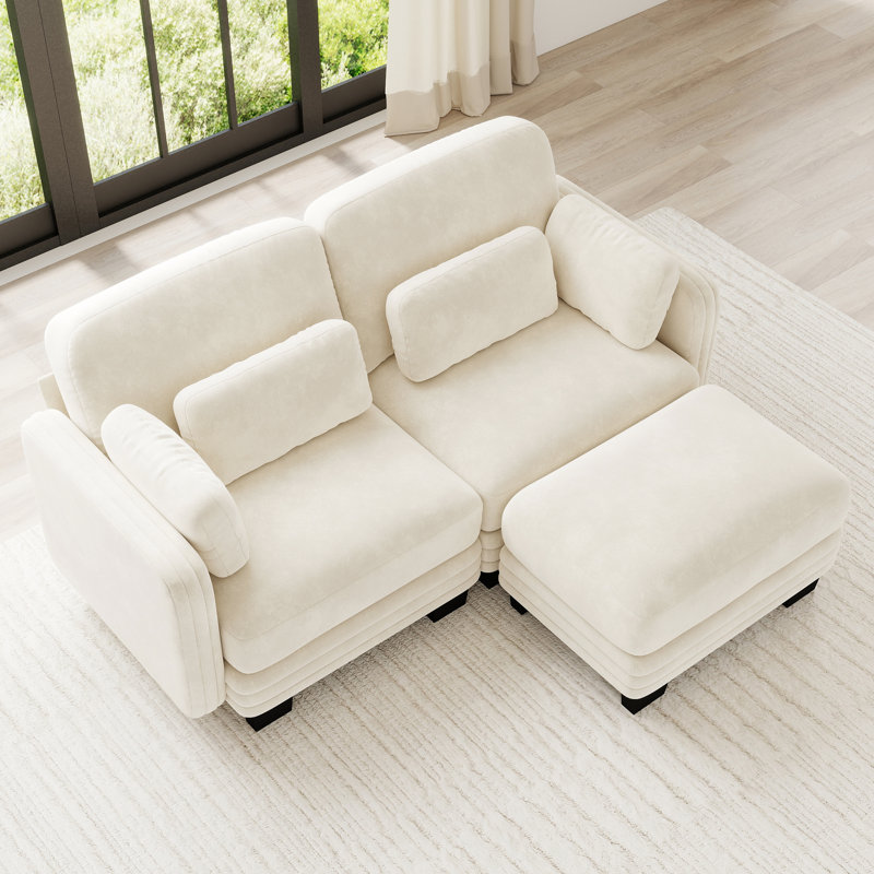Causeuse en chenille, capitonnée, modulaire, 2 pièces, causeuse avec repose-pieds mobile, beige, coussins en mousse à haute résilience