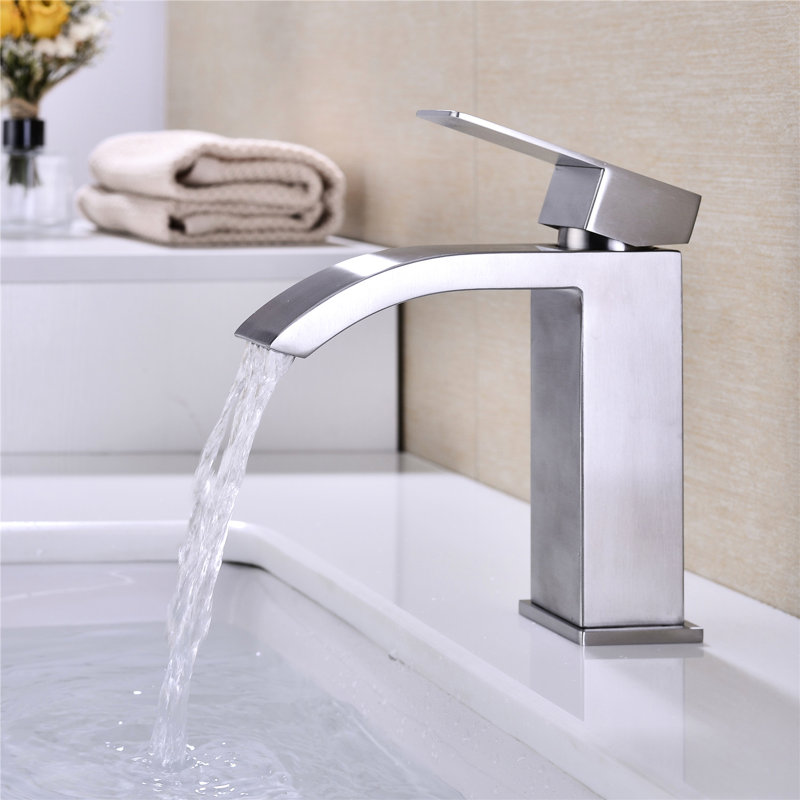 Robinet de lavabo de salle de bain avec sortie cascade, poignée simple, bonde escamotable pour trop-plein, nickel brossé, débit d'eau facile et ajustement de la température, matériau en acier inoxydable, débit stable,