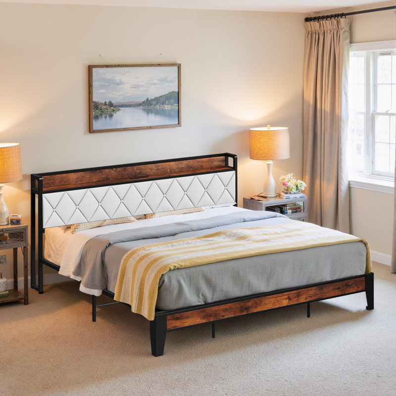 Platform Bed Frame with Upholstered Adjustable Headboard, No Box Spring Needed, King