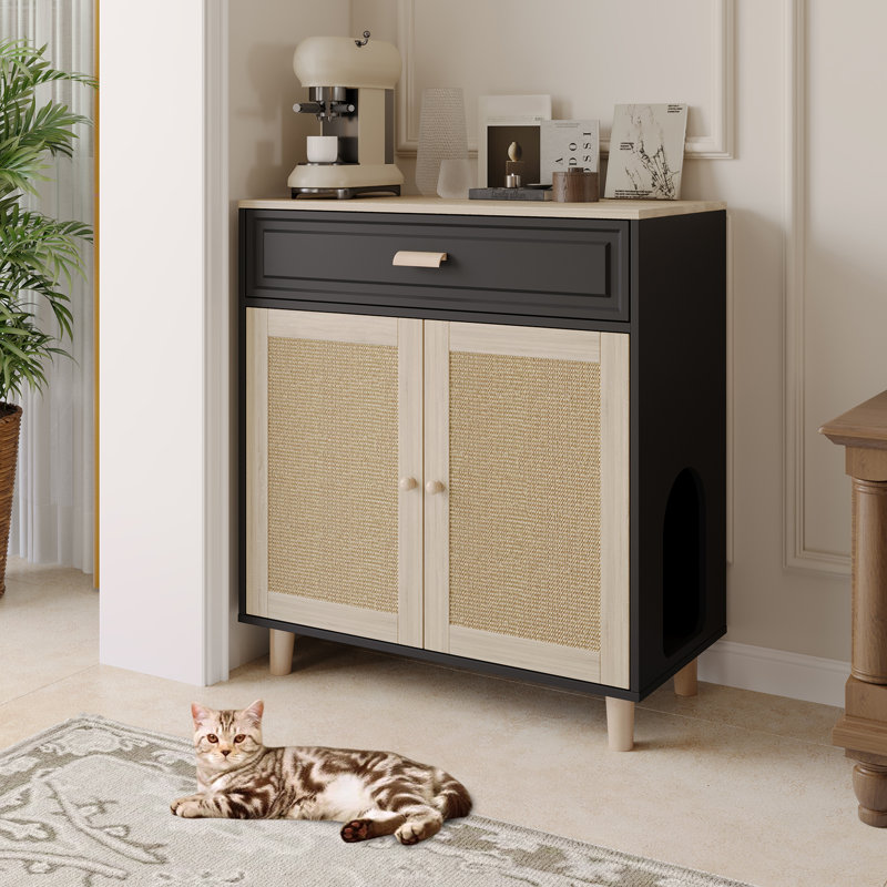 Diogo Manufactured Wood Cat Litter Box Enclosure with Scratching Pad, 34.6" H x 31.5" W x 15.7" D, Black