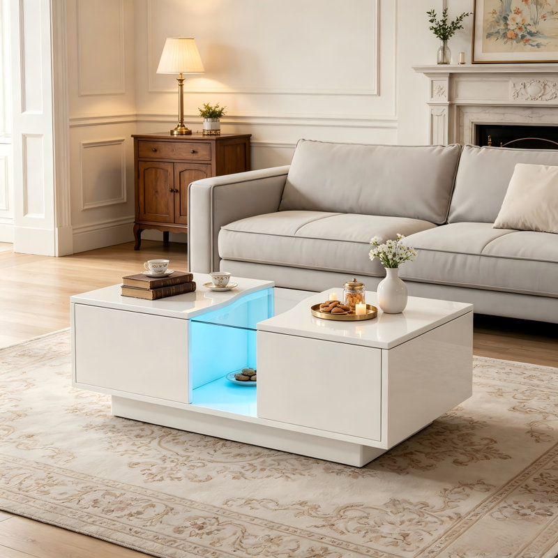 High Gloss Coffee Table With RGB LED Lights and Dual Storage Drawers For Living Room, White