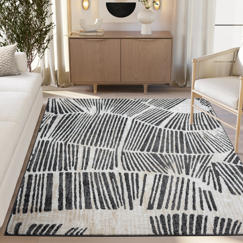 Abani Rugs TER210A Beige Black Linear Wave Contemporary Area Rug, Rectangle 5'3" x 7'6"