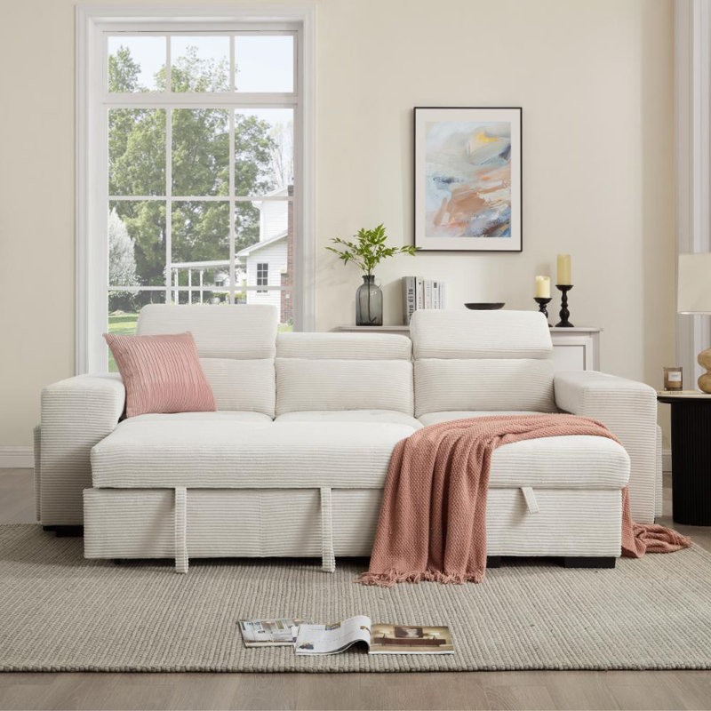 Caitlin 3 Seater Corduroy Sofa Bed, Cream