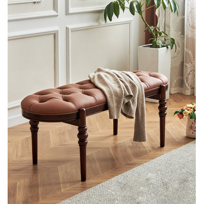Vintage Retro Style Walnut Wood Leather Bench for Living Room & Entryway