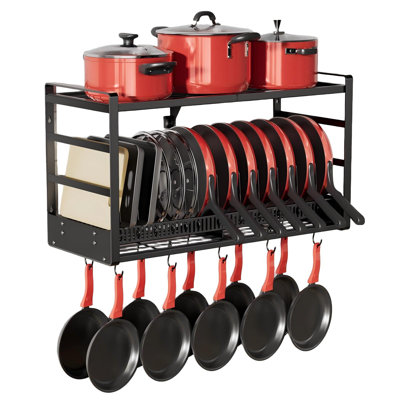 Pot Rack, Wall Mounted 2-Tier Pots & Pans Organizer with 20 Hooks, 14 Removable Slots & Pot Lid Holder, Heavy Duty Steel Pot and Pan Hanger for Kitchen Cookware & Utensil Storage, (Black)