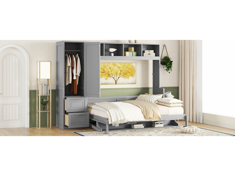 Grand lit escamotable mural avec placard et tiroirs, gris