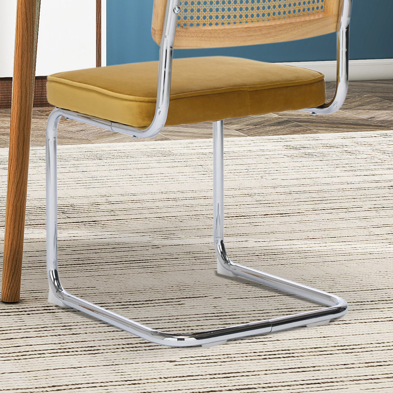 Rattan Backrest Upholstered Side Chair (Set Of 2), Yellow