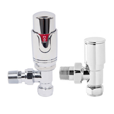 Thermostatic TRV Valve And Manual Radiator Valve Angled 15Mm X 1/2" Twin Pack Chrome