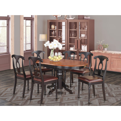 7 Piece Modern Dining Table Set Consist of an Oval Wooden Table with Butterfly Leaf and 6 Faux Leather Upholstered Dining Chairs, 42x60 Inch, Black & Cherry
