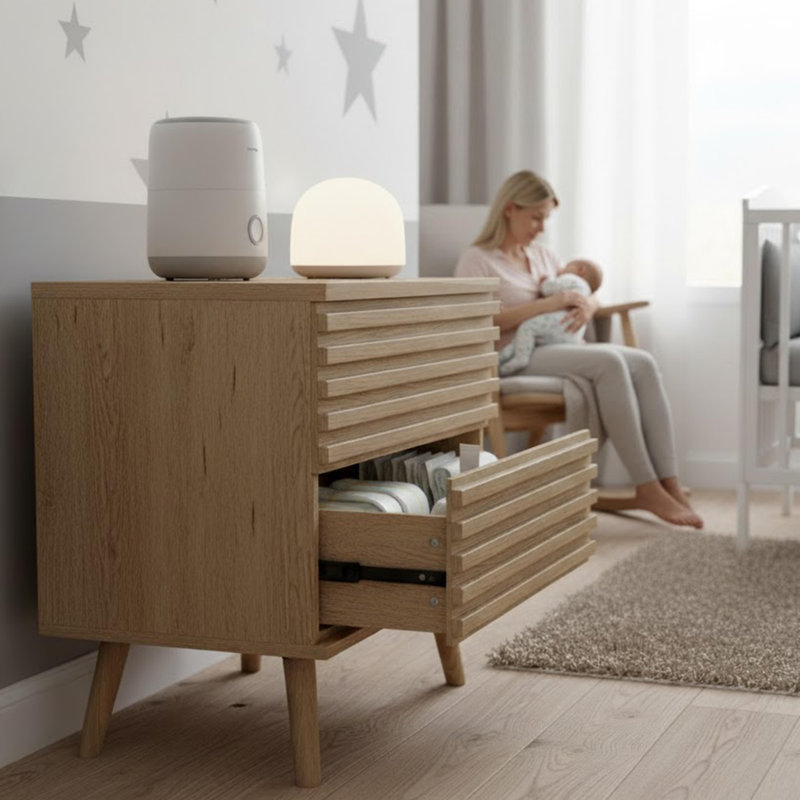 Table de chevet moderne à 2 tiroirs 23 po avec finition chêne et pieds en bois massif 23 po