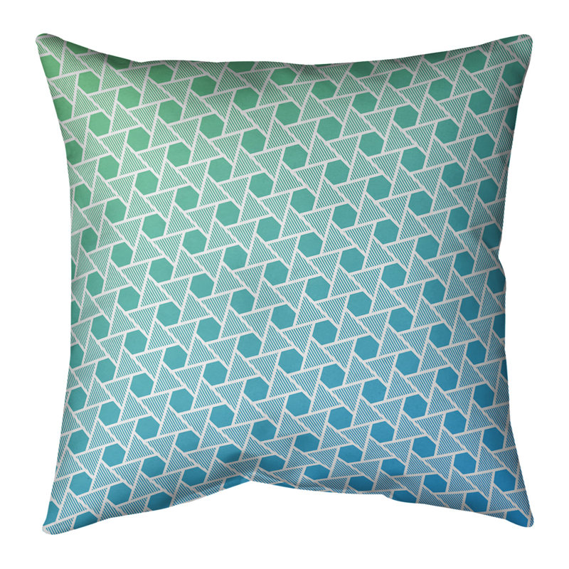 Coussin décoratif hexagonales et triangles, 14 po x 14 po, Bourre en polyester, Vert / bleu