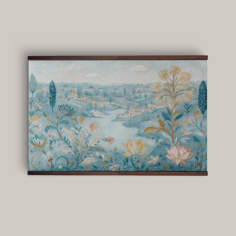 Toile suspendue «Countryside Meadow» - Illustration botanique rétro avec crochets en bois, H 45 po x l 73 po