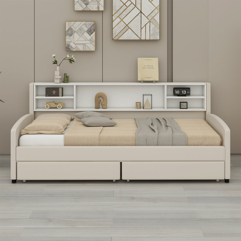 Upholstered Platform Bed With Storage And Drawers, Beige